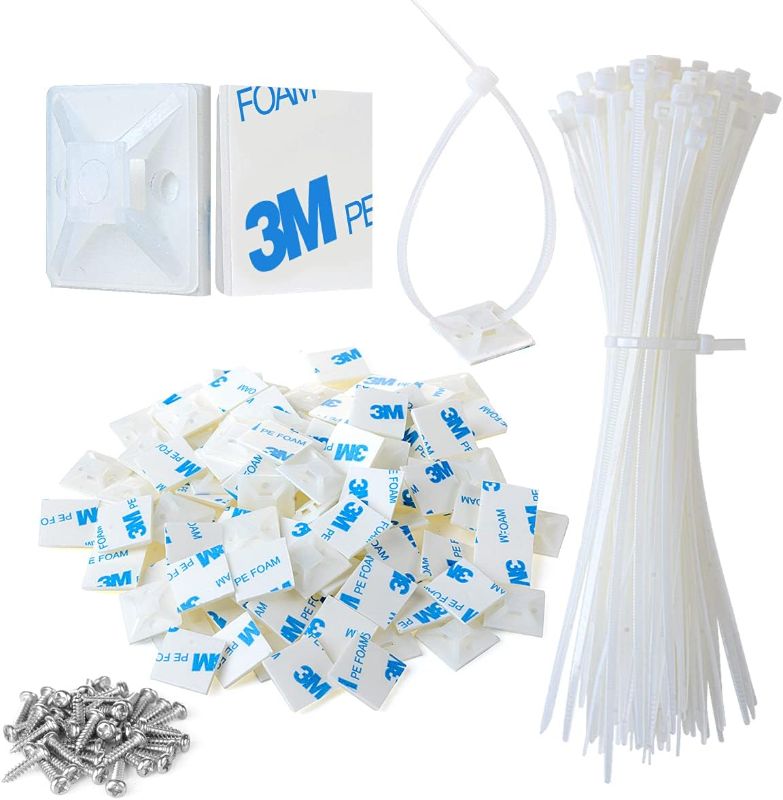 Photo 1 of 3/4" 3M Back-Glue Self Adhesive White Strong Cable Zip Tie Mounts 100pcs with 8" Ties, Screws, Outdoor Sticky Wire Fasteners Cable Clips Management Anchors Organizer Holders Squares