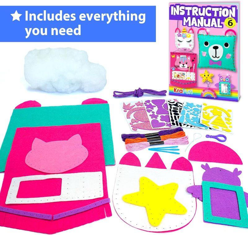 Photo 2 of KRAFUN My First Sewing Kit for Beginner Kids Arts & Crafts, 6 Easy DIY Projects of Stuffed Animal Dolls and Plush Pillow Craft, Instructions & Felt, Gift for Girls, Boys, Learn to Sew, Embroidery