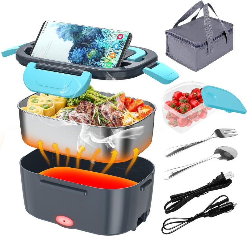 Photo 1 of Electric Lunch Box, Food Warmer Heater 12V 24V 110V, 80W Faster Heated Lunch Box for Car/Truck/Home Portable Heating Boxes with 1.5L 304 SS Container Fork & Spoon