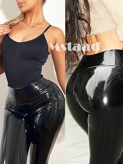 Photo 2 of Size Large Patent Faux Leather Leggings for Women High Waisted Butt Lifting Lacquer Pleather Latex Shiny Pants Concert Outfits