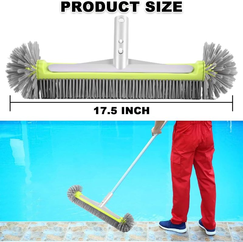 Photo 2 of Professional Heavy Duty Swimming Pool Wall & Tile Brush 17.5" Round Ends Pool Brush Head with Sturdy Aluminum Handle for Cleans Walls, Tiles & Floors, Premium Nylon Bristles with EZ Clips