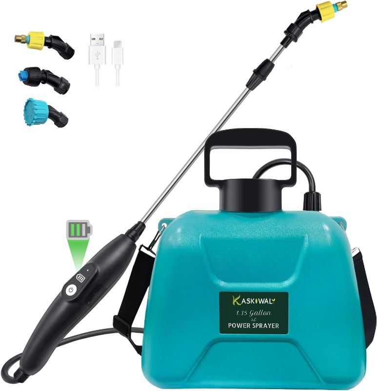 Photo 1 of Battery Powered Garden Sprayer with 3 Mist Nozzles, 1.35 Gallon Lawn Electric Sprayer with Telescopic Wand and Rechargeable Handle, Portable Electric Battery Sprayer with Shoulder Strap for Gardening