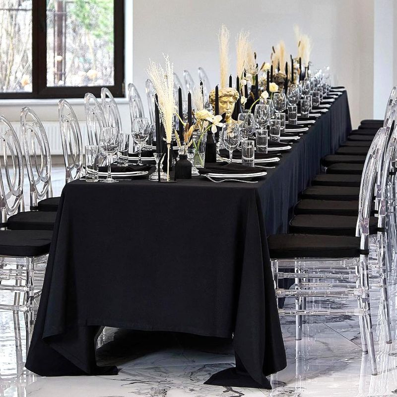 Photo 2 of 8 Pack Black Tablecloths 70 Inch/178 Centimeter Rectangular Table Cloths for Rectangle Tables 6ft, Wrinkle Resistant Black Table Cloth Washable Polyester Fabric Table Covers for Buffet Wedding Party Banquet