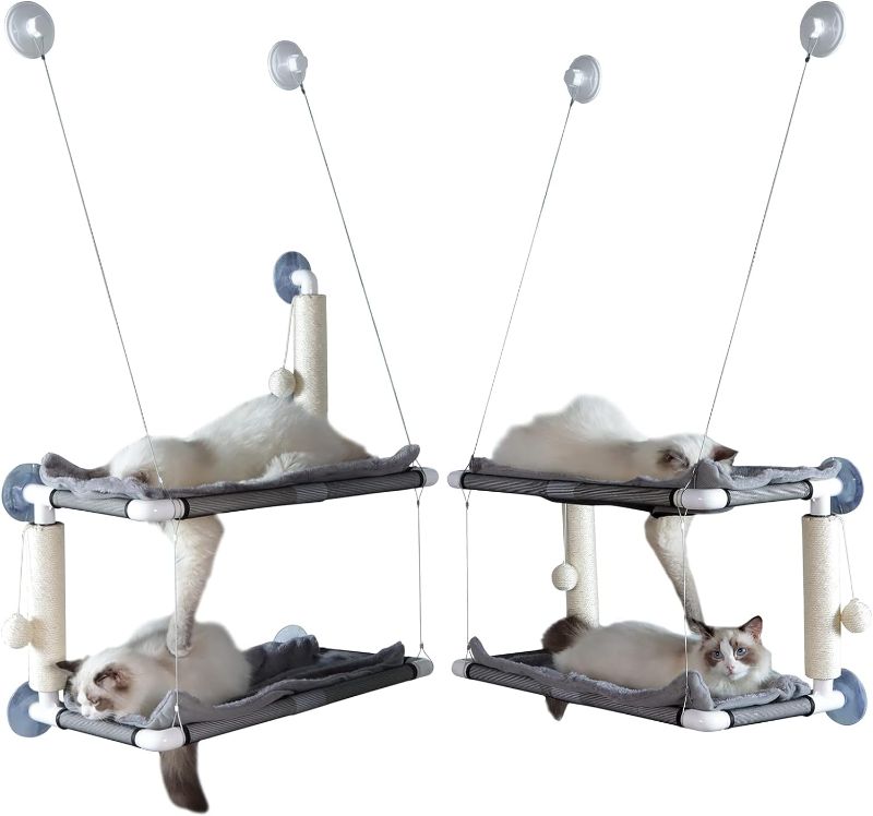 Photo 1 of Cat Window Perch, A Large Double-Layer Cat Hammock That Can Accommodate Multiple Cats at The Same Time, with Two Scratching Posts, Indoor Cat Ledge and Cat Bed Frame, Which Can Bear 50 Pounds