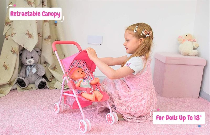 Photo 2 of KOOKAMUNGA KIDS Baby Doll Stroller | Easy Fold Pram | with Retractable Canopy, Storage Basket, Doll Safety Harness and Comfort Grip Handlebar (Pink Unicorn)