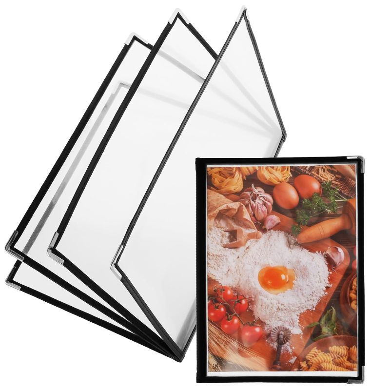 Photo 1 of 4Pcs Menu Cover, 4 Page 8 View Transparent Restaurant Menu Covers, Fits A4 Size Paper, Reusable Menu Sleeve for Restaurant Menu Home Shool Office Daily