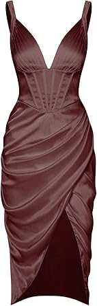 Photo 1 of Medium ZAFUL Women's Silky Pleated Draped Bustier Corset-Style Deep V Neck Midi Dress