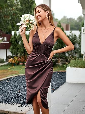 Photo 2 of Medium ZAFUL Women's Silky Pleated Draped Bustier Corset-Style Deep V Neck Midi Dress