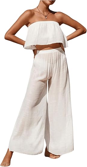 Photo 1 of Size Small Milumia Women's Swimsuit Cover Up Set 2 Piece Sheer Crop Top and Wide Leg Beach Coverup Pants