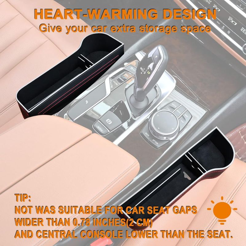 Photo 2 of Car Seat Gap Filler Organizer, 2 Pack Multifunctional Car Seat Organizer, Auto Console Side Storage Box with Cup Holders 2 Seat Hooks for Drink, Car Organizer Front Seat for Holding Phone, Sunglasses