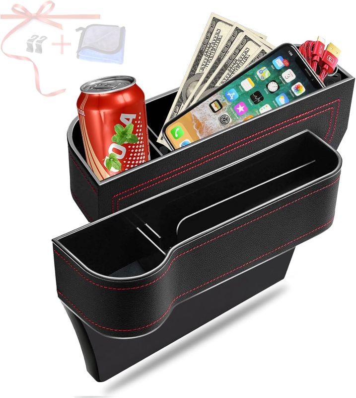 Photo 1 of Car Seat Gap Filler Organizer, 2 Pack Multifunctional Car Seat Organizer, Auto Console Side Storage Box with Cup Holders 2 Seat Hooks for Drink, Car Organizer Front Seat for Holding Phone, Sunglasses