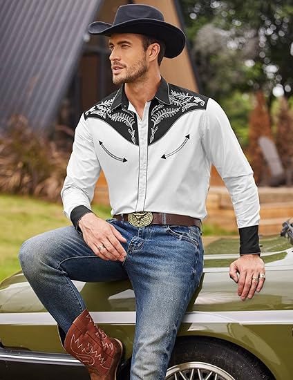 Photo 1 of Medium COOFANDY Men's Western Cowboy Shirt Embroidered Button Down Long Sleeve Shirts