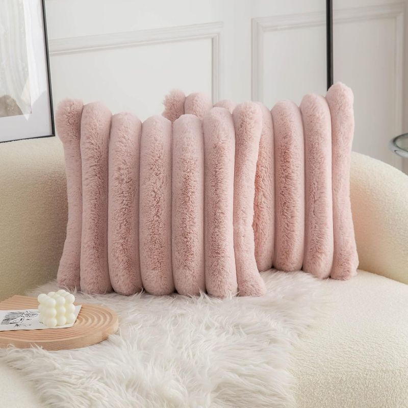 Photo 1 of Neelvin Pink Faux Fur Cozy Soft Striped Decorative Throw Pillow Covers 18x18 inch Set of 2,Velvet Pillowcase Cushion Case for Sofa Couch