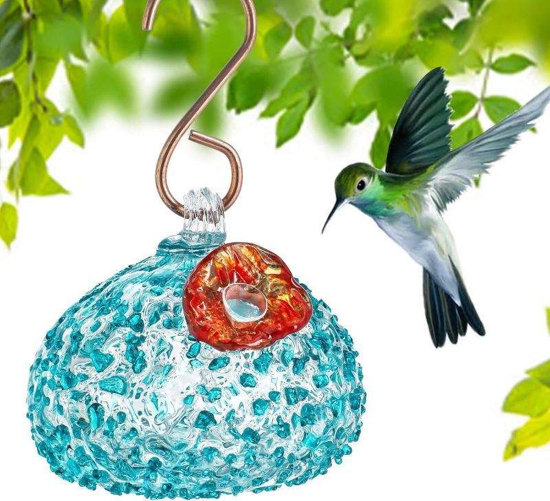 Photo 1 of Hummingbird Feeder for Outdoors Glass Hanging Garden Backyard Decor Hand Blown Glass Hummingbird Feeders for Outside with Metal Hanging Hook Gifts for Birds Lovers