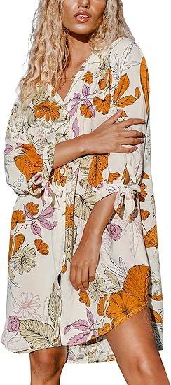 Photo 1 of Size XXL CUPSHE Women Floral Shirt Beach Cover Up Dress 3/4 Sleeve Cuff Tie Button Down Mini Summer Dresses Cover Ups Vacation