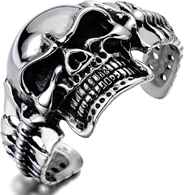 Photo 1 of COOLSTEELANDBEYOND Heavy and Study Mens Stainless Steel Biker Skull Cuff Bangle Bracelet Silver Black Two-Tone Polished