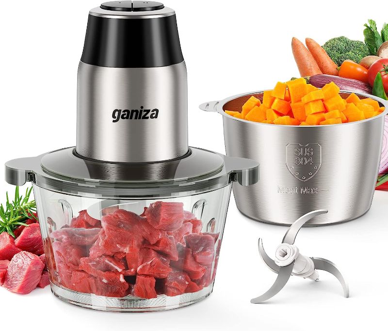 Photo 1 of GANIZA Food Processors, Electric Food Chopper with Meat Grinder & Vegetable Chopper - 2 Bowls (8 Cup+8 Cup) with Powerful 450W Copper Motor - Includes 2 Sets of Bi-Level Blades for Fruits/Meat/Nuts