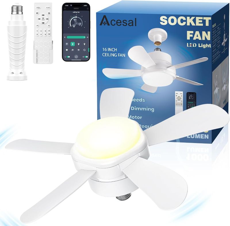 Photo 1 of 16 Inch Socket Fan Light with E26/E27 Base: Small Screw in Socket Ceiling Fan Light with Remote & App Control 6 Speed 3 Color Dimmable for Bedroom Living Room Kitchen Garage Home Office Black