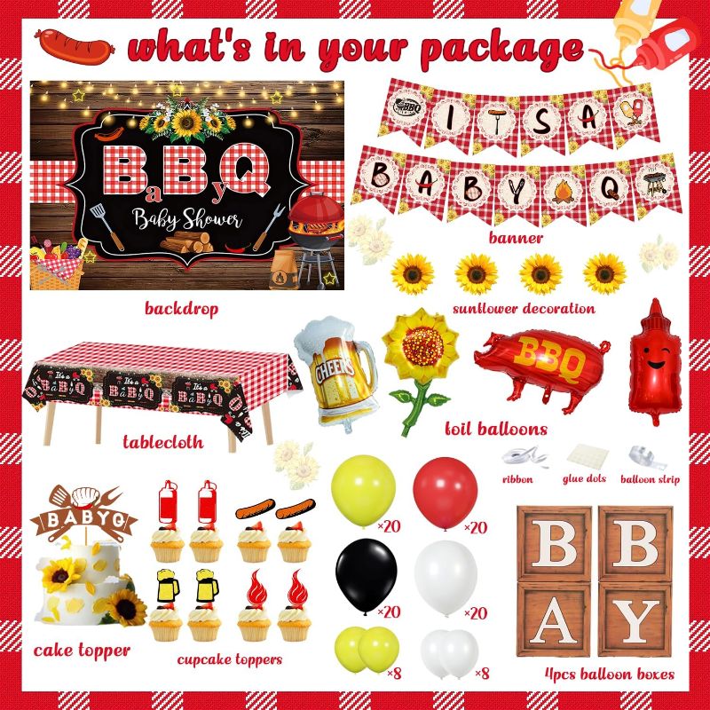 Photo 2 of 127pcs BBQ Baby Shower Decorations, It's a Baby Q Baby Shower Décor Supplies Full Set Balloon Garland Banner Cake Cupcake Topper Backdrop Tablecloth Boxes Rustic Barbecue Baby Shower Decorations Kit