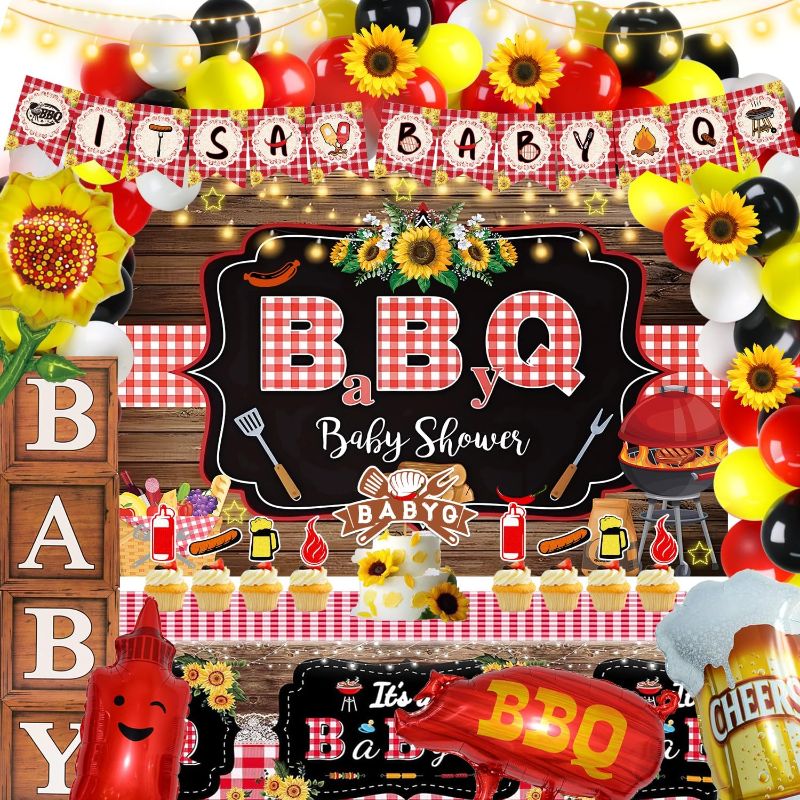 Photo 1 of 127pcs BBQ Baby Shower Decorations, It's a Baby Q Baby Shower Décor Supplies Full Set Balloon Garland Banner Cake Cupcake Topper Backdrop Tablecloth Boxes Rustic Barbecue Baby Shower Decorations Kit