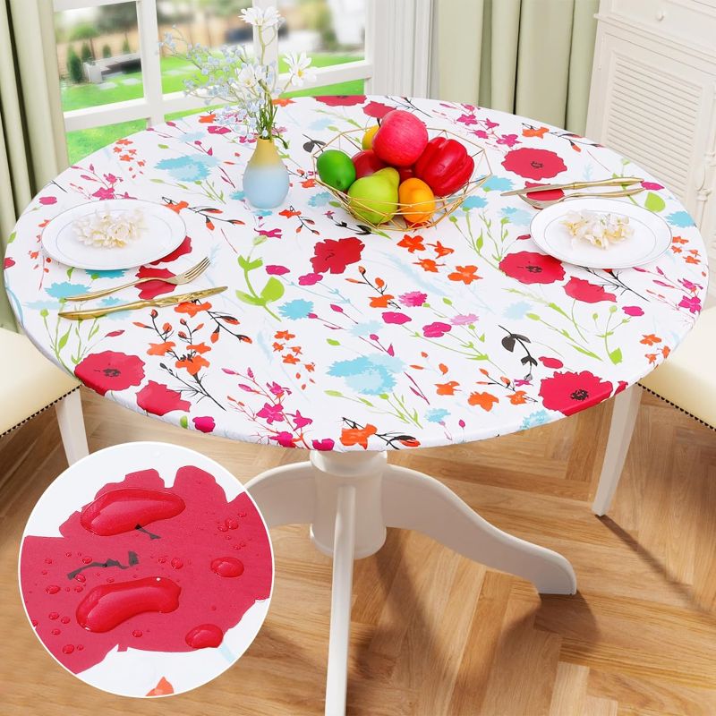 Photo 1 of misaya Round Fitted Tablecloth with Elastic Edge, 100% Waterproof Oil Proof Plastic Table Cover, Vinyl Flannel Backed Table Cloth Fits 36"-44" Round Tables for Dinner, Outdoor, Picnic, Flowers