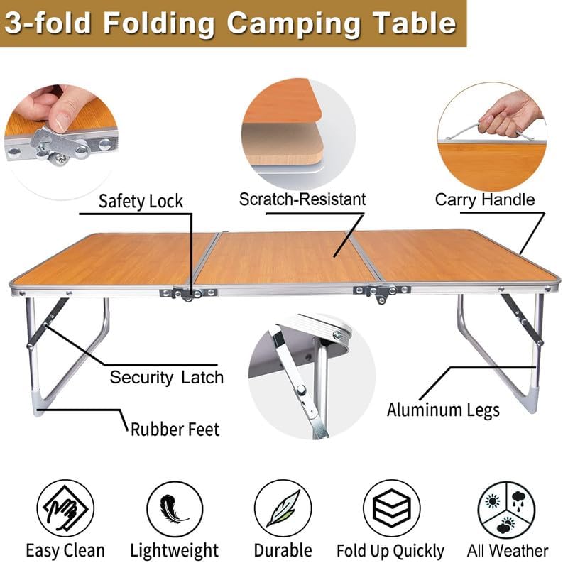 Photo 2 of Folding Camping Table,3 Feet Portable Outdoor Table with Aluminum Legs,3 Fold Lightweight Beach Table with Handle,Camping Accessories for Home Picnic BBQ Garden Cooking