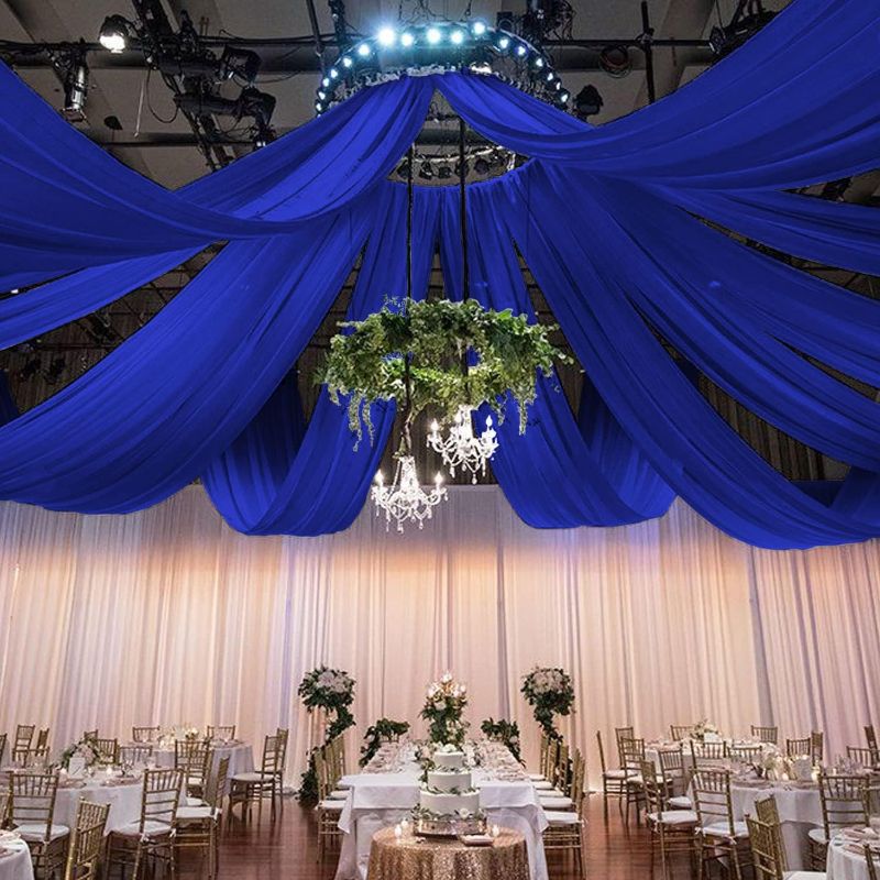 Photo 2 of FOTSHARER Blue Ceiling Drapes for Wedding Decorations 5FTx10FT 6 Panels Ceiling Fabric Draping Fabric Wedding Arch Drapes Voile Chiffon Fabric Curtains Sheer Backdrop Curtain Ceiling Tent Drapes