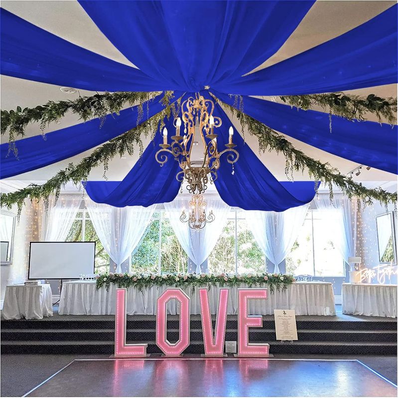 Photo 1 of FOTSHARER Blue Ceiling Drapes for Wedding Decorations 5FTx10FT 6 Panels Ceiling Fabric Draping Fabric Wedding Arch Drapes Voile Chiffon Fabric Curtains Sheer Backdrop Curtain Ceiling Tent Drapes