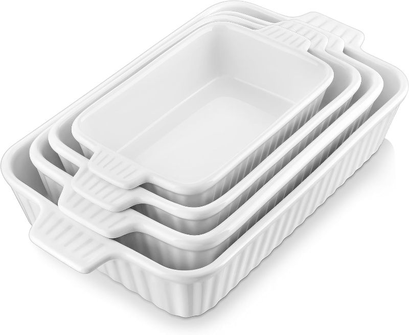 Photo 1 of MALACASA Casserole Dishes for Oven, Porcelain Baking Dishes, Ceramic Bakeware Sets of 4, Rectangular Lasagna Pans Deep with Handles for Baking Cake Kitchen, White (9.4"/11.1"/12.2"/14.7"), Series