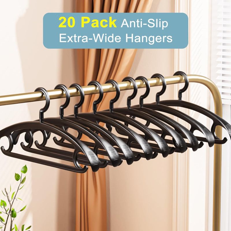 Photo 2 of 20 Pack Plastic Clothes Hangers - Non-Slip, Extra Thick Wide Shoulder Coat Hangers with 360° Swivel Hook - Heavy Duty, Space Saving Hangers for Suits, Sweaters, Dresses, Pants (Black)