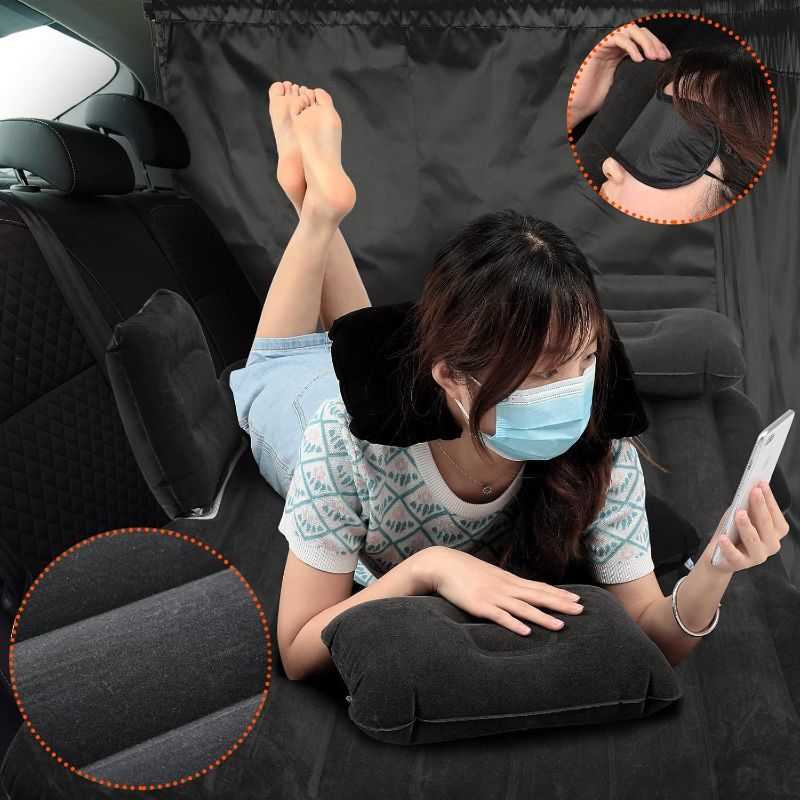 Photo 2 of 12 Pcs Car Air Mattress Back Seat Inflatable Bed Car Curtain Divider Car Window Shade Cover Car Camping SUV Air Mattress Portable Car Travel Sleeping Truck Air Mattress Bed Set (Black)