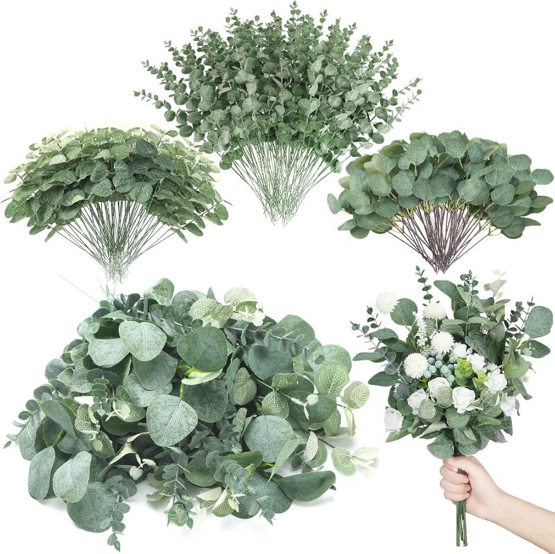 Photo 1 of Giegxin 270 Pcs 3 Kinds Mixed Eucalyptus Leaves Stems Bulk Artificial Silver Dollar Eucalyptus Leaves Picks Dried Eucalyptus Bundle Faux Spray for Wedding Vase Bouquet Floral Arrangement (Green)