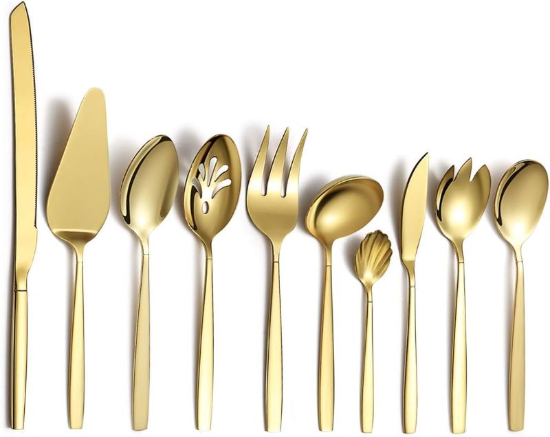 Photo 1 of Berglander Gold Serving Utensils 10 Pieces, Titanium Golden Plating Serving Spoons, Included Cake Knife Cake Server Serving Forks Sugar Spoon Salad Spoon Forks Butter Knife Gravy Ladle ect.