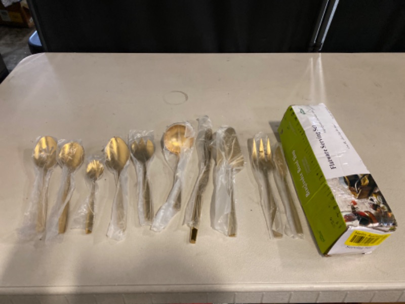 Photo 2 of Berglander Gold Serving Utensils 10 Pieces, Titanium Golden Plating Serving Spoons, Included Cake Knife Cake Server Serving Forks Sugar Spoon Salad Spoon Forks Butter Knife Gravy Ladle ect.