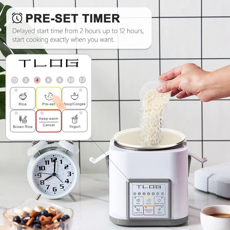 Photo 2 of TLOG Mini Rice Cooker 2.5 Cups Uncooked, Healthy Ceramic Coating Portable Cooker, 1.2L Travel Small for 1-3 People, Personal maker, Food Steamer, 12 Hours delay timer, Multi-cooker Grains, Oats
