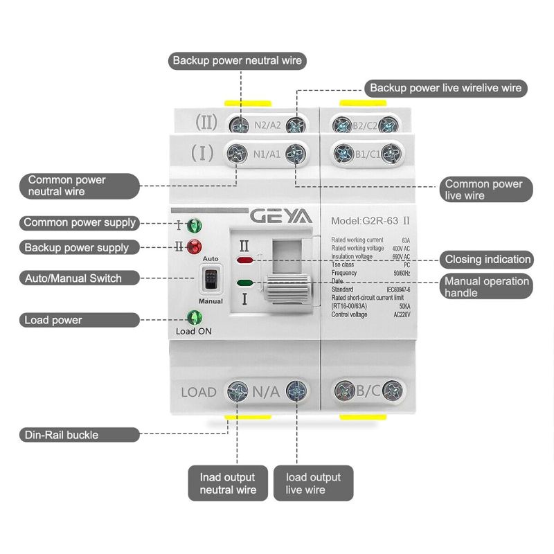 Photo 3 of GEYA Mini ATS Dual Power Automatic Transfer Switch Electrical Selector Switches Uninterrupted Power Din Rail(4Pole 63A AC110V)