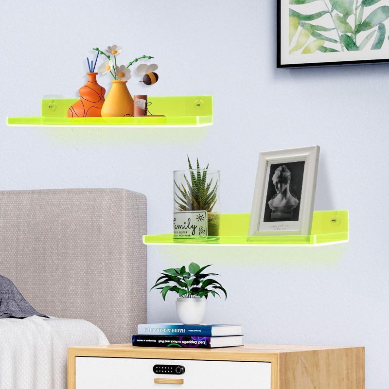 Photo 3 of Floating Shelves for Wall Bedroom Bathroom Kitchen Plants Acrylic Floating Shelf 16.5X5.5'' Heavy Duty Adhesive No Drill, Pack of 2, Neon Green