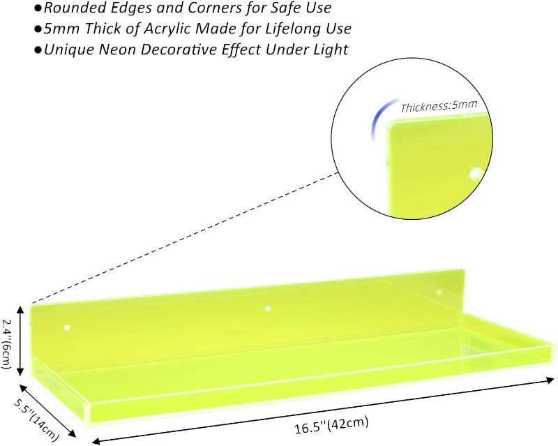 Photo 2 of Floating Shelves for Wall Bedroom Bathroom Kitchen Plants Acrylic Floating Shelf 16.5X5.5'' Heavy Duty Adhesive No Drill, Pack of 2, Neon Green