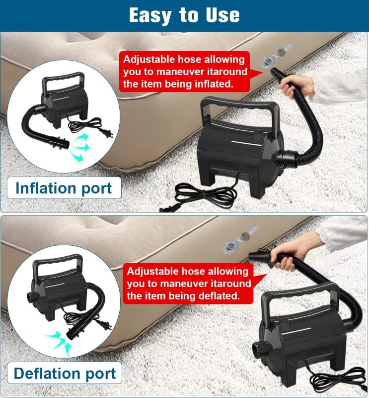 Photo 3 of Electric Air Pump Portable 460W Quick-Fill Air Pump Air Flow 45CFM 2.1PSI with Hose 5 Nozzles 120V AC Inflator Deflator Pump for Air Mattress Air Bed Inflatable Cushion Boat Swimming Ring