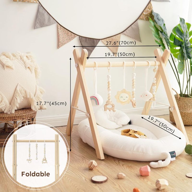 Photo 3 of HAN-MM Wooden Baby Gym Wooden Baby Toys not included Foldable Baby Play Gym Frame Activity Gym Hanging Bar Newborn Gift Baby Girl and Boy Gym (Natural Color)