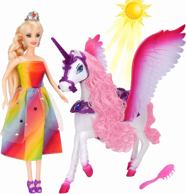 Photo 1 of BETTINA Color Changing Unicorn Toys& Princess Doll Play Set, Pegasus Mane Changes Colors Under Sunshine, 11.5'' Rainbow Doll, Winged Horse Toys, Princess Toys Unicorn Gifts for Girls Aged 3-7