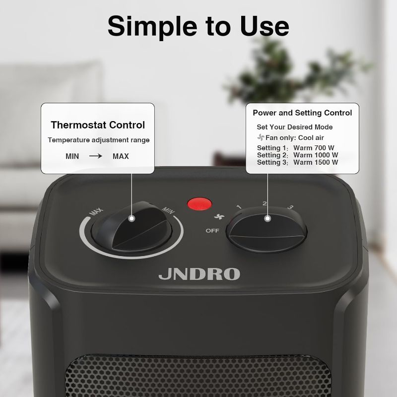 Photo 1 of JNDRO Portable Electric Space Heater - 1500W/750W Safe and Quiet Ceramic mini Heater Fan with Thermostat, Heat Up 200 Square Feet for Room Office Desk Indoor Use