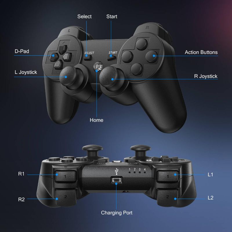 Photo 3 of PS3 Controller Wireless 2 Pack, with 2 Charging Cables, Compatible with PlayStation 3 - Black