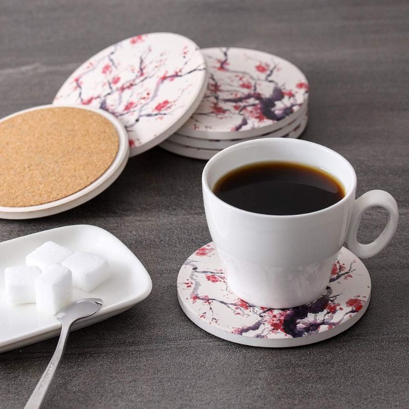 Photo 3 of LIFVER Coasters for Drinks Absorbent, Ceramic Drink Coasters Set of 6, Absorbent Coasters with Cork Bottom for Tabletop Protection, Suitable for Kinds of Cups, 4 inches, Cherry Blossom Style