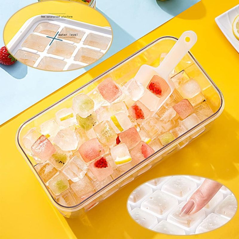 Photo 2 of Ninyoon 1 Second Release Ice Cube Tray with Lid and Bin, 2 Tier ice molds Make 64 Ice Cubes Big Capacity Bin for Freezer Including Ice Scoop (Pink)