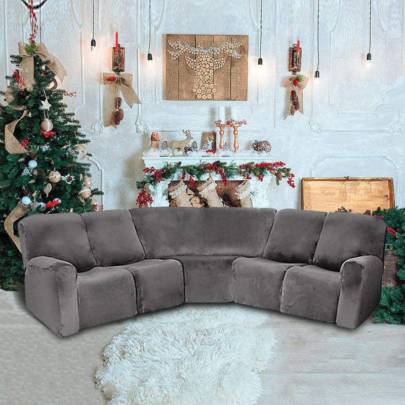 Photo 2 of LightInTheBox 7-Piece Velvet Stretch Reclining Couch Covers 5 Seats Corner Sofa Cover L Shape Sectional Recliner Sofa Covers for Sofa Anti Slip Furniture Protector Thick Soft Washable (Gray)