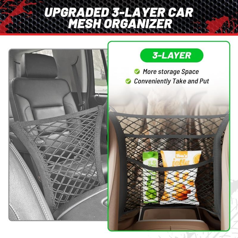 Photo 3 of RED WOLF 3 Layer Car Mesh Organizer Seat Back Net Bag Handbag Purse Holder Pets Kids Barrier Between Seats Net Pocket Vehicle Mesh Organizer Universal Fitment 16×14 inch