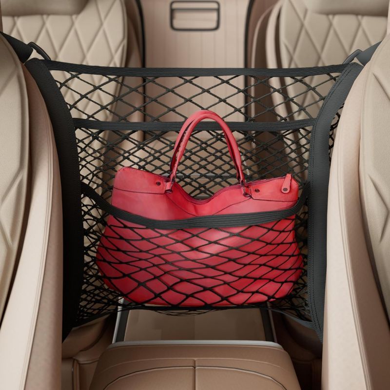 Photo 1 of RED WOLF 3 Layer Car Mesh Organizer Seat Back Net Bag Handbag Purse Holder Pets Kids Barrier Between Seats Net Pocket Vehicle Mesh Organizer Universal Fitment 16×14 inch