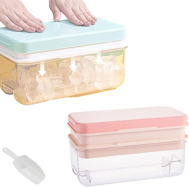 Photo 1 of Ninyoon 1 Second Release Ice Cube Tray with Lid and Bin, 2 Tier ice molds Make 64 Ice Cubes Big Capacity Bin for Freezer Including Ice Scoop (Green)