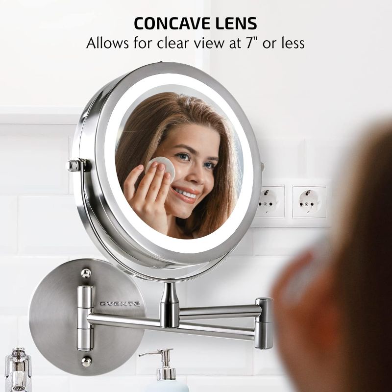Photo 1 of OVENTE 7" Lighted Wall Mount Makeup Mirror with 1X/7X Magnification, Cordless Double Sided Magnifying Round Vanity Mirror, 360° Swivel Design, Extendable and Folding Arm, Nickel Brushed MFW70BR1X7X